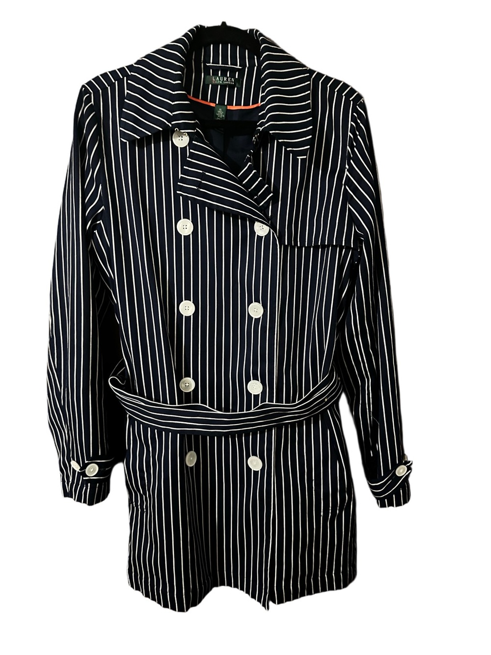 Lauren Ralph Lauren Navy White Stripes 100% Cotton Belted Trench Pea Coat Sz XL